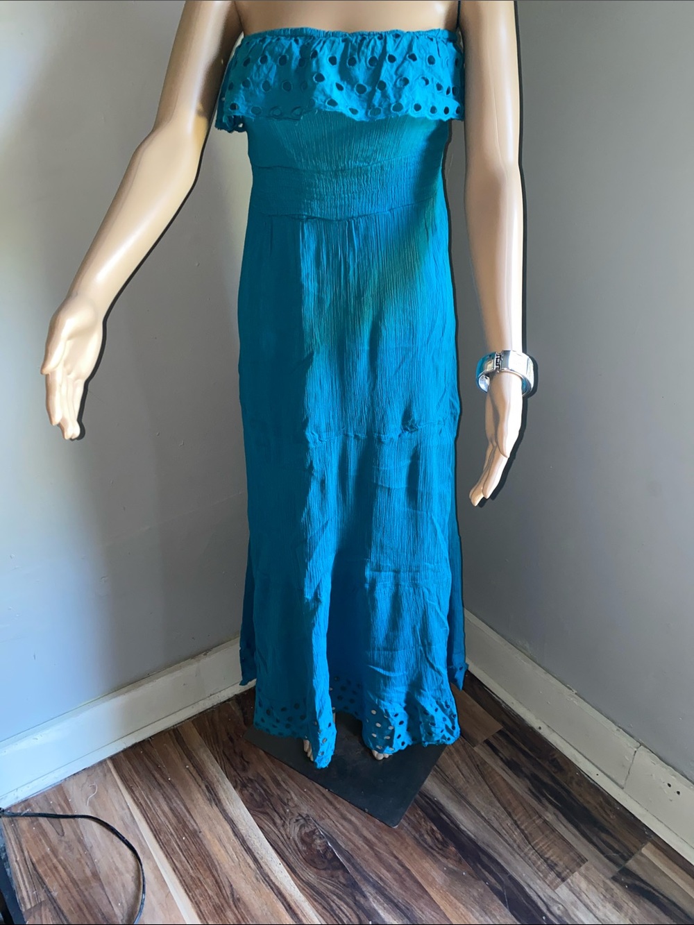 Dots Teal Strapless Eyelet Maxi Dress